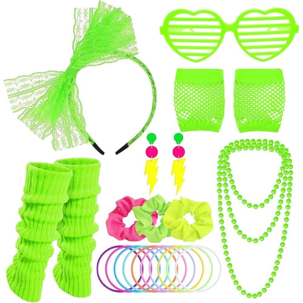 80s Costume Accessories Set Neon Headband Fishnet Gloves Leg Warmers